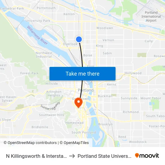 N Killingsworth & Interstate to Portland State University map