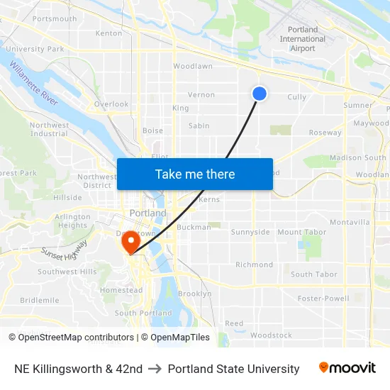 NE Killingsworth & 42nd to Portland State University map