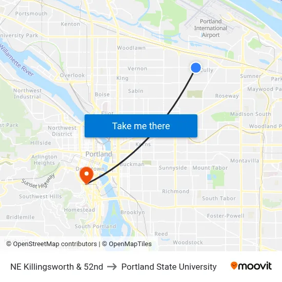 NE Killingsworth & 52nd to Portland State University map