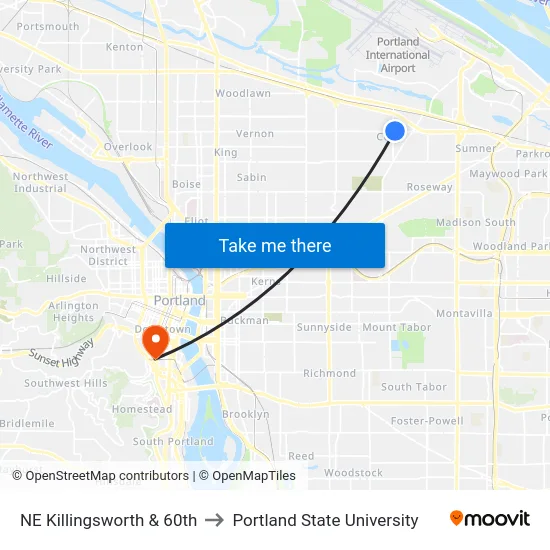 NE Killingsworth & 60th to Portland State University map
