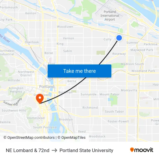 NE Lombard & 72nd to Portland State University map
