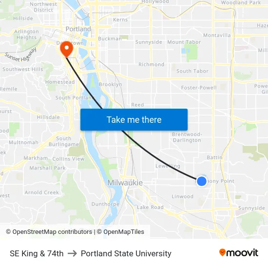 SE King & 74th to Portland State University map