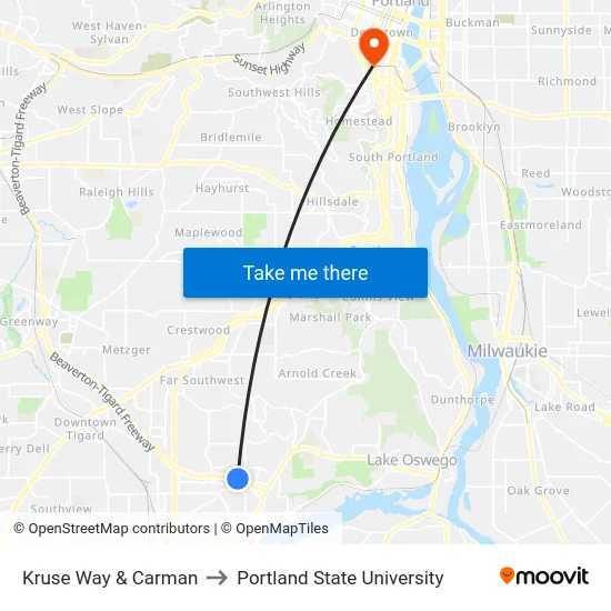 Kruse Way & Carman to Portland State University map