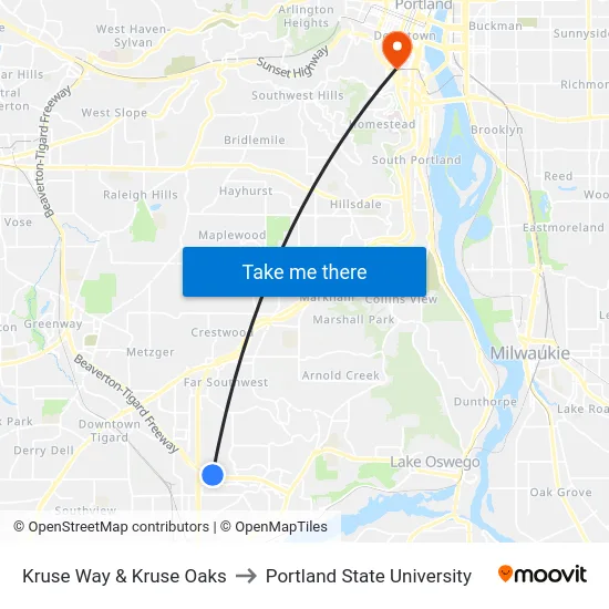 Kruse Way & Kruse Oaks to Portland State University map