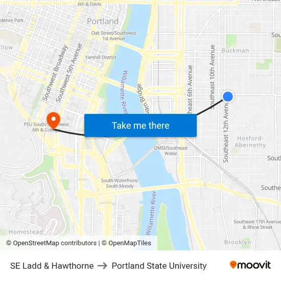 SE Ladd & Hawthorne to Portland State University map