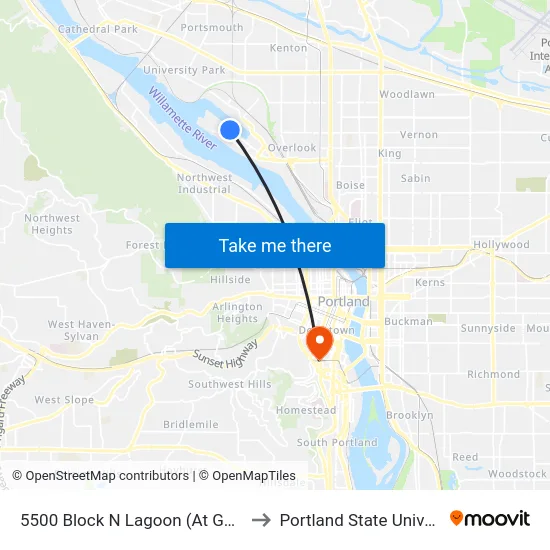 5500 Block N Lagoon (At Gate 18) to Portland State University map
