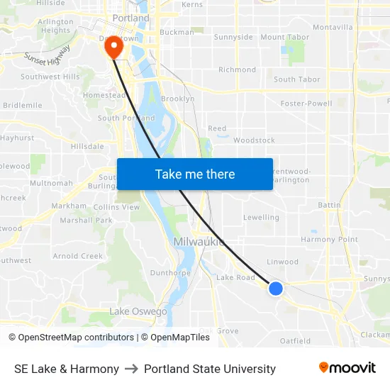 SE Lake & Harmony to Portland State University map
