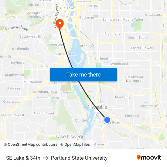 SE Lake & 34th to Portland State University map