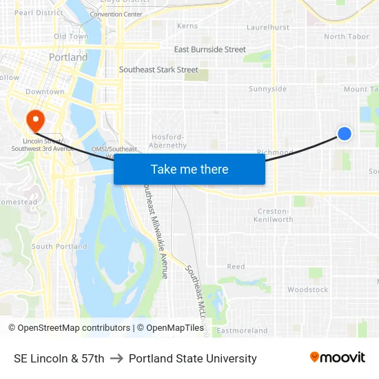 SE Lincoln & 57th to Portland State University map
