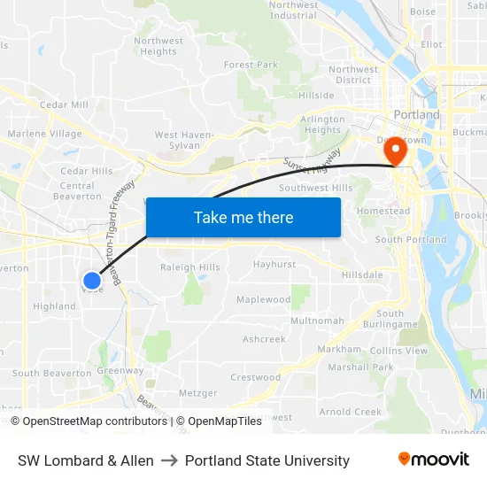 SW Lombard & Allen to Portland State University map