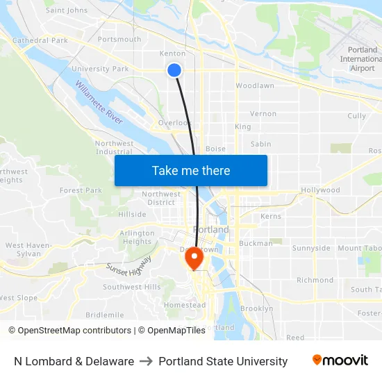 N Lombard & Delaware to Portland State University map