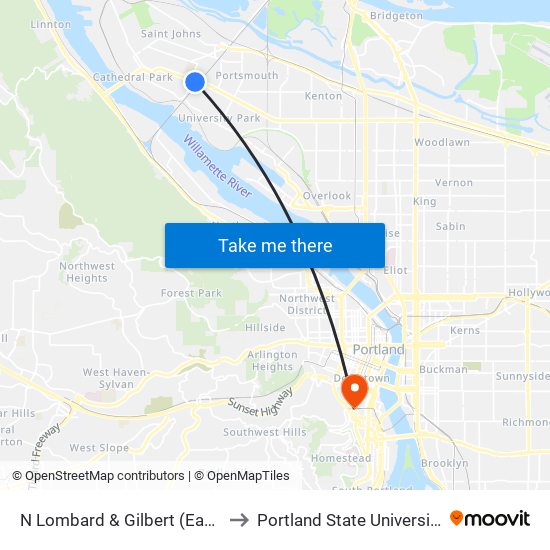 N Lombard & Gilbert (East) to Portland State University map