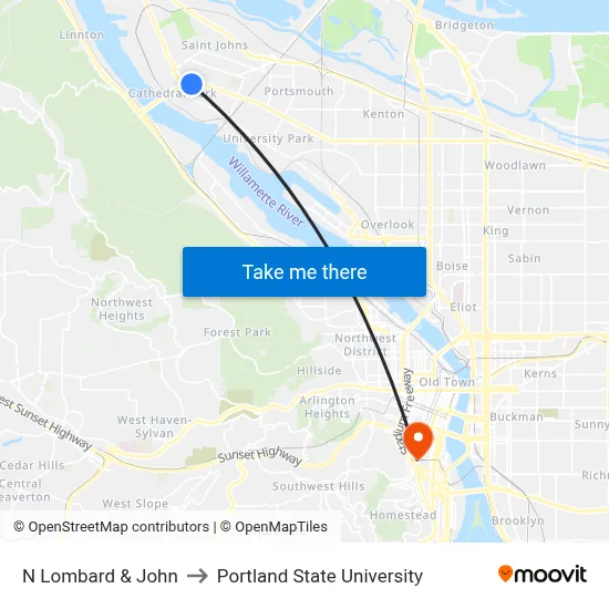 N Lombard & John to Portland State University map
