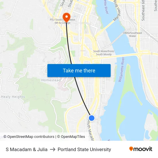 S Macadam & Julia to Portland State University map