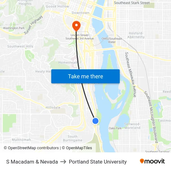 S Macadam & Nevada to Portland State University map