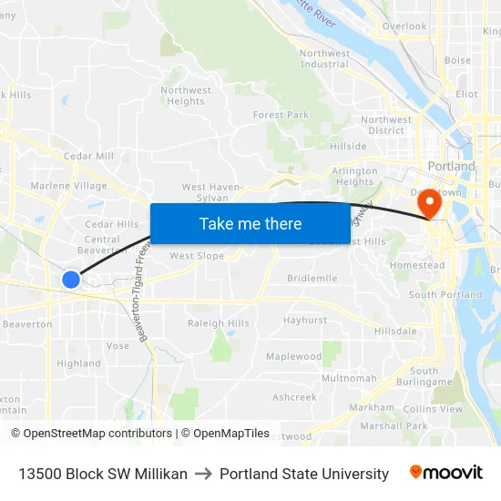 13500 Block SW Millikan to Portland State University map