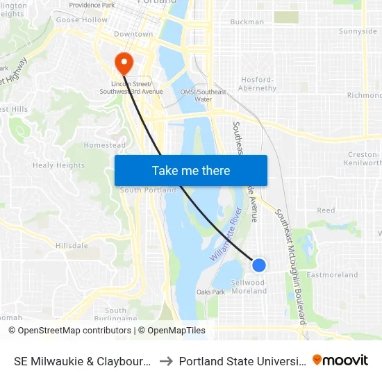 SE Milwaukie & Claybourne to Portland State University map
