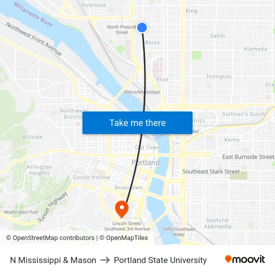 N Mississippi & Mason to Portland State University map