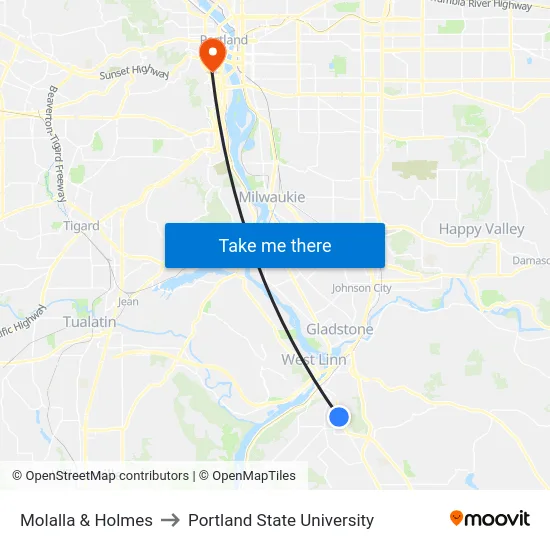 Molalla & Holmes to Portland State University map