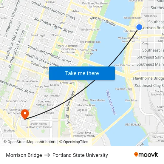 Morrison Bridge to Portland State University map