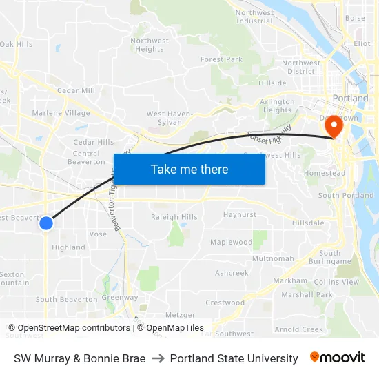 SW Murray & Bonnie Brae to Portland State University map
