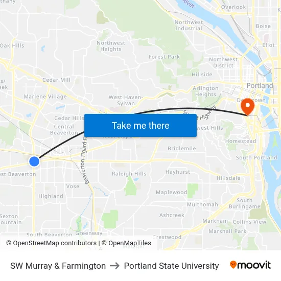 SW Murray & Farmington to Portland State University map