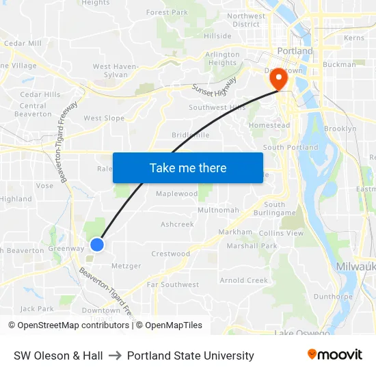 SW Oleson & Hall to Portland State University map