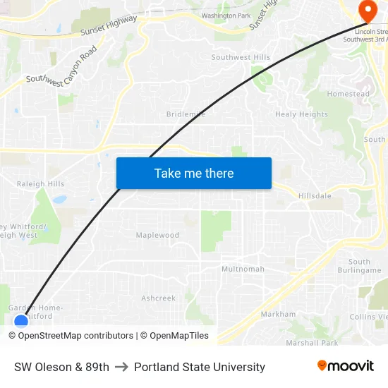 SW Oleson & 89th to Portland State University map