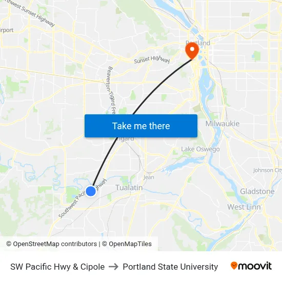 SW Pacific Hwy & Cipole to Portland State University map
