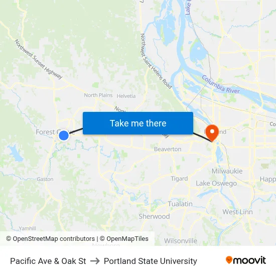 Pacific Ave & Oak St to Portland State University map