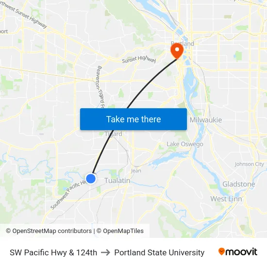 SW Pacific Hwy & 124th to Portland State University map