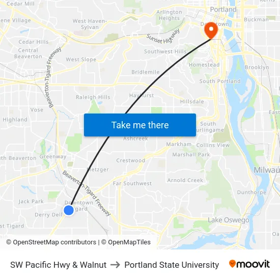 SW Pacific Hwy & Walnut to Portland State University map