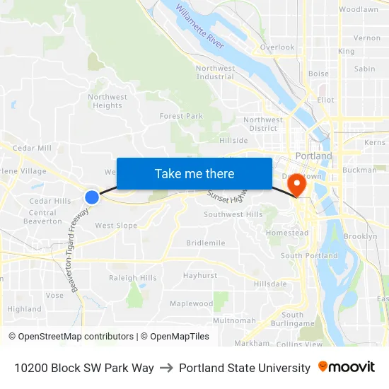 10200 Block SW Park Way to Portland State University map