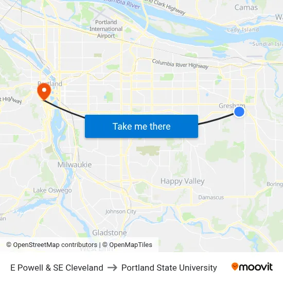 E Powell & SE Cleveland to Portland State University map