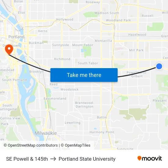 SE Powell & 145th to Portland State University map