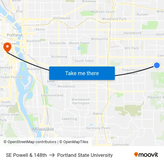 SE Powell & 148th to Portland State University map