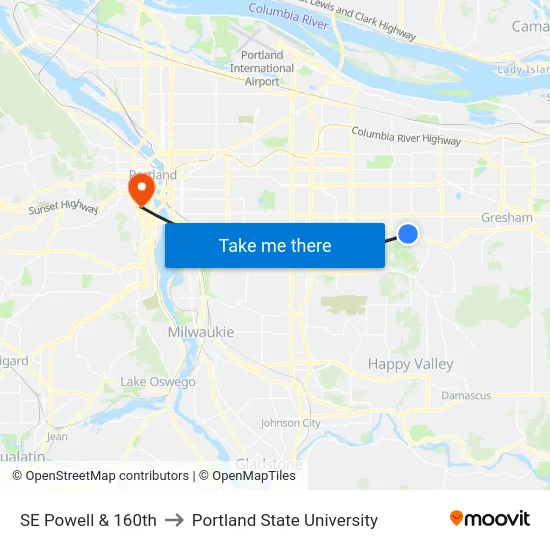 SE Powell & 160th to Portland State University map