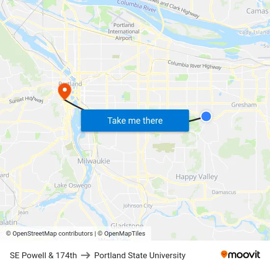 SE Powell & 174th to Portland State University map