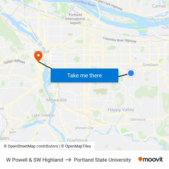 W Powell & SW Highland to Portland State University map