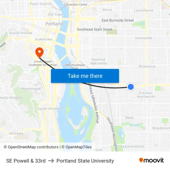 SE Powell & 33rd to Portland State University map