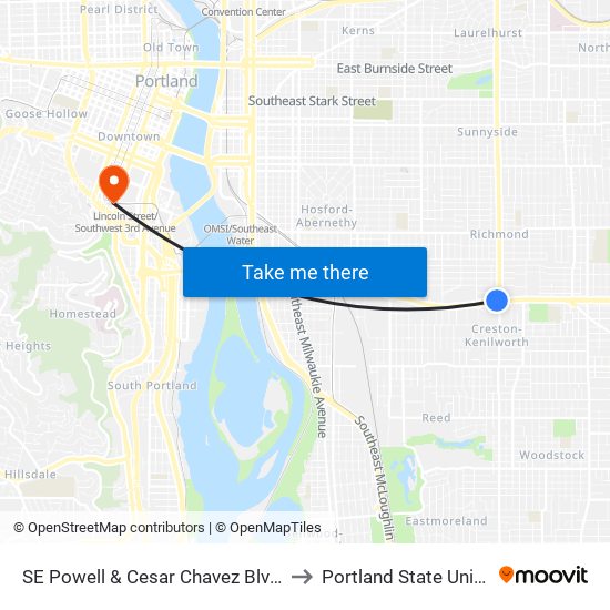 SE Powell & Cesar Chavez Blvd (West) to Portland State University map