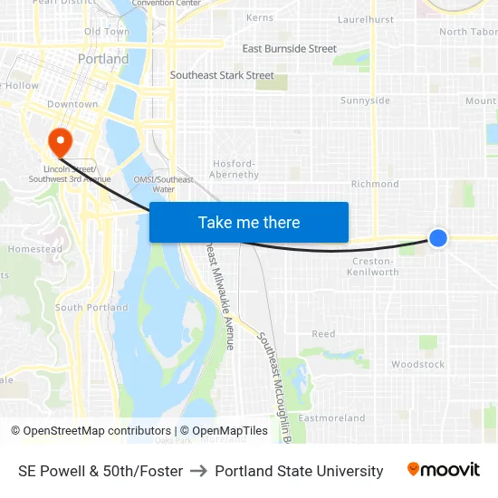 SE Powell & 50th/Foster to Portland State University map