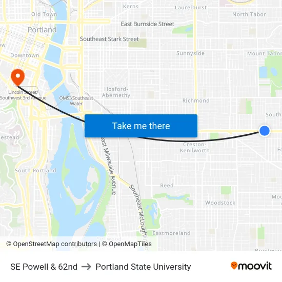 SE Powell & 62nd to Portland State University map