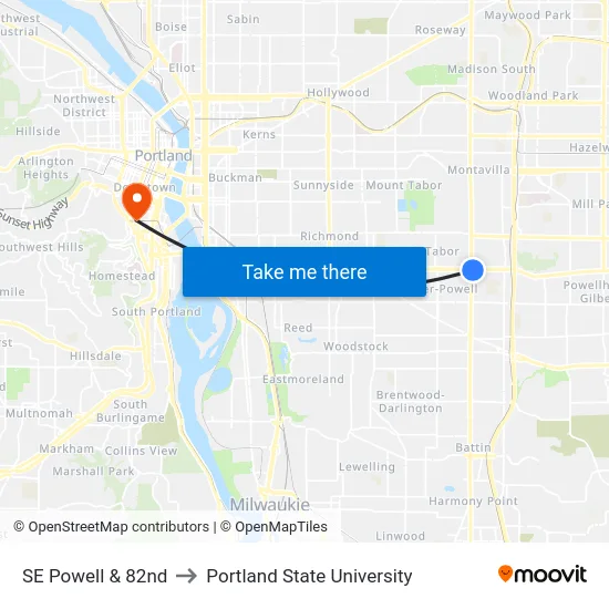 SE Powell & 82nd to Portland State University map