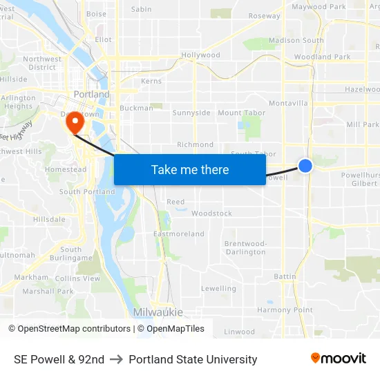 SE Powell & 92nd to Portland State University map