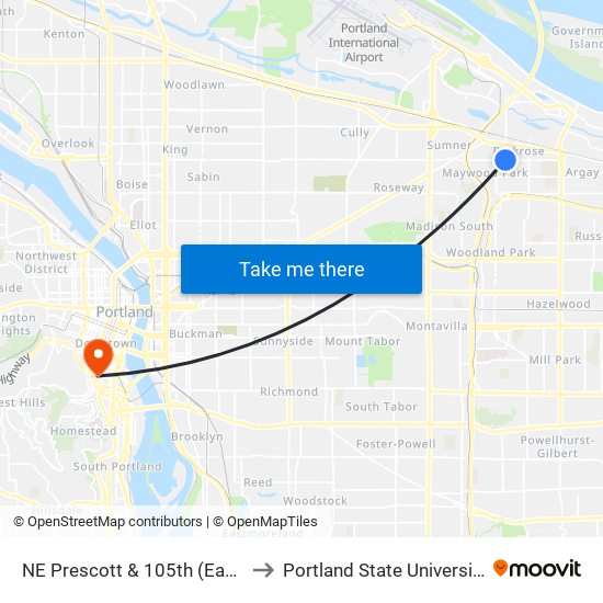 NE Prescott & 105th (East) to Portland State University map