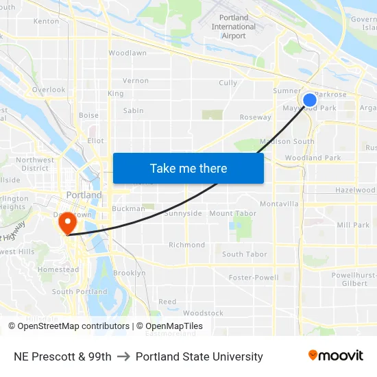 NE Prescott & 99th to Portland State University map