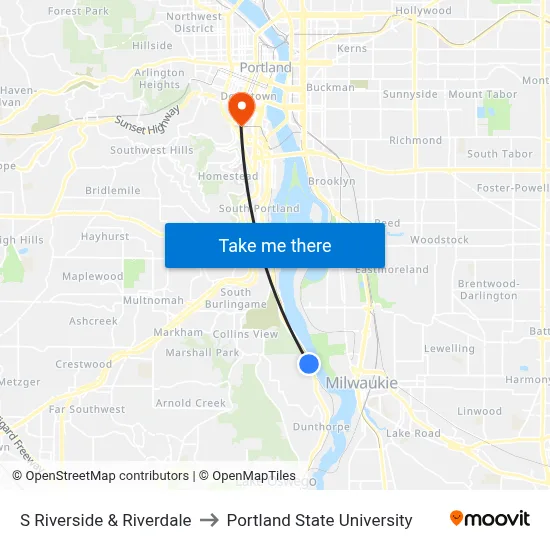 S Riverside & Riverdale to Portland State University map