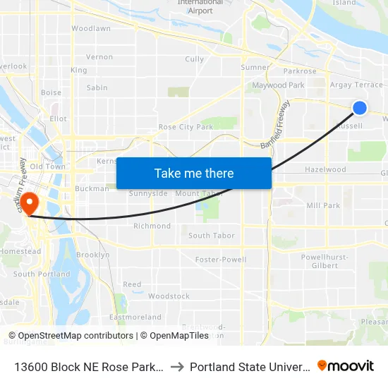 13600 Block NE Rose Parkway to Portland State University map