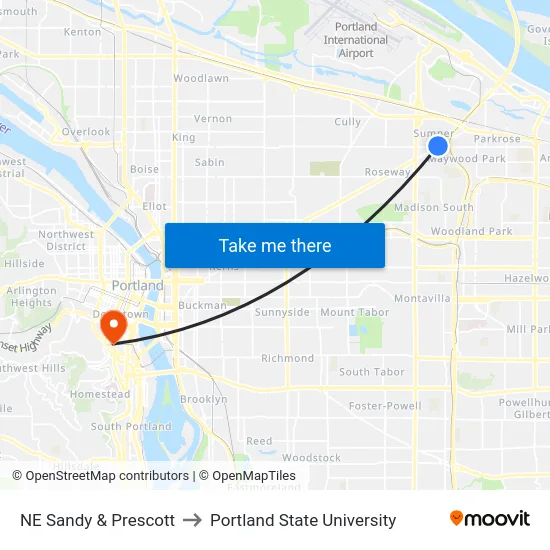 NE Sandy & Prescott to Portland State University map